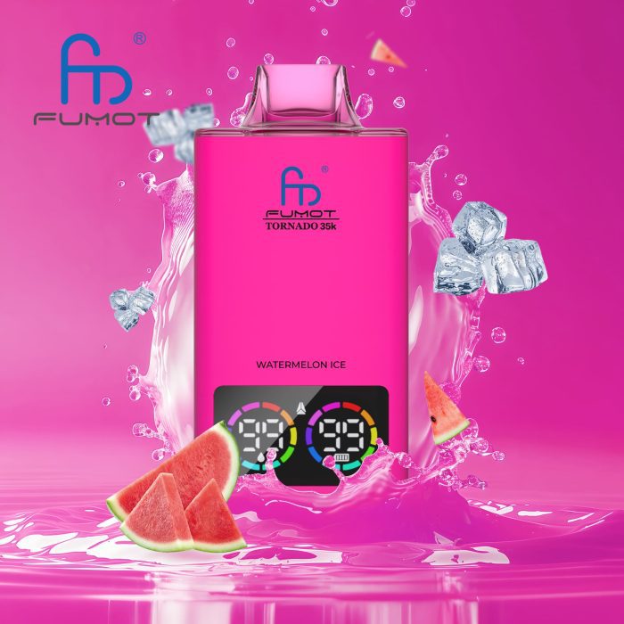 Fumot Tornado 35K disposable vape in Watermelon Ice flavor with watermelon slices, ice cubes, and pink splash background