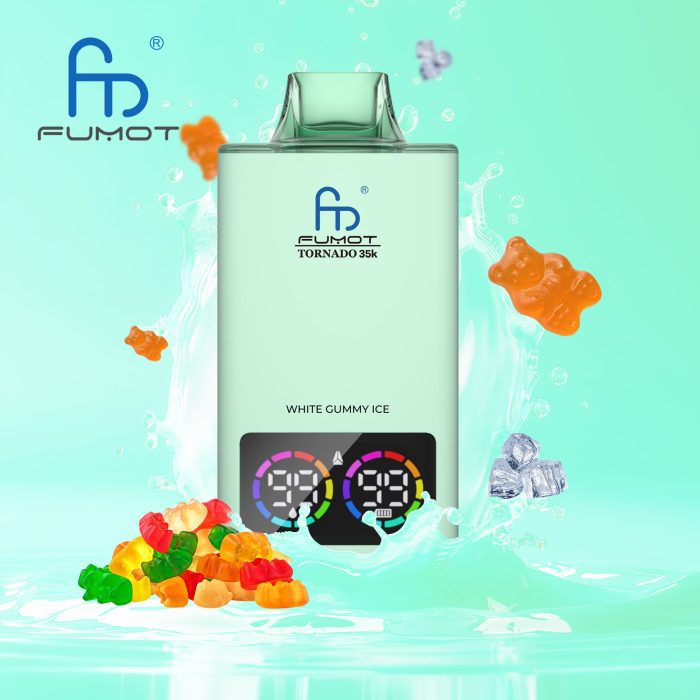 Fumot Tornado 35K disposable vape in White Gummy Ice flavor with colorful gummy bears, ice cubes, and minty splash background