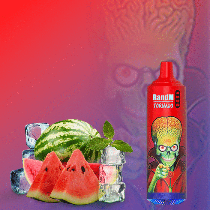 RandM Tornado 9000 red vape with an alien illustration, displayed with watermelon slices, ice cubes, and mint leaves.