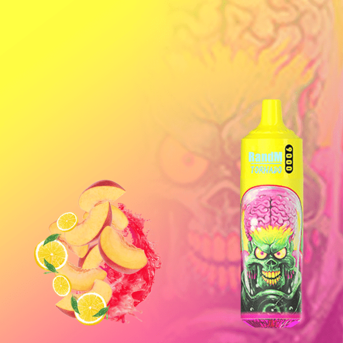RandM Tornado 9000 yellow vape with alien design, featuring sliced peaches and lemon slices on a vibrant gradient background.