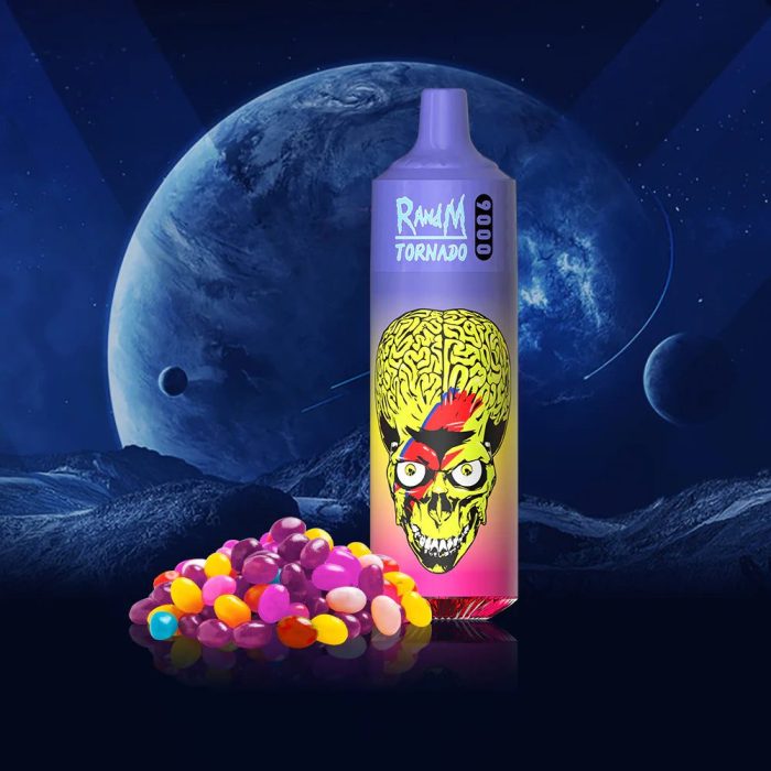 RandM Tornado 9000 disposable vape with neon skull design, featuring a vibrant jelly bean flavor and colorful candy visuals.
