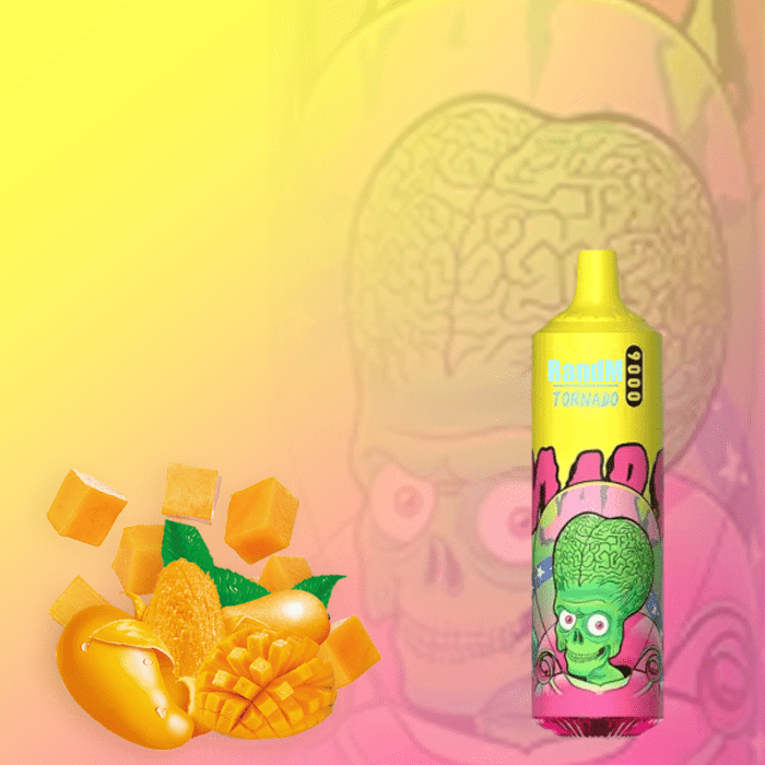 RandM Tornado 9000 yellow vape with green alien graphic, displayed with fresh ripe mango chunks and whole mangoes on a vibrant yellow background.