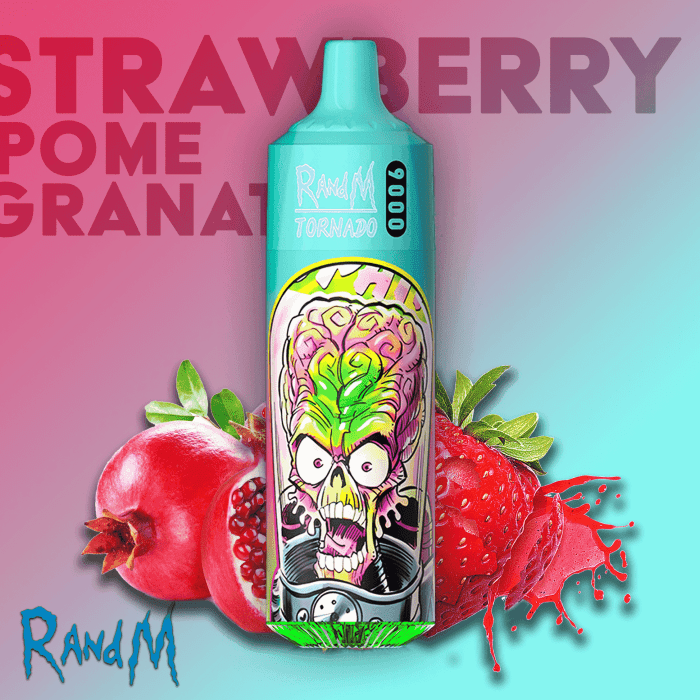 RandM Tornado 9000 teal disposable vape with strawberry and pomegranate splashes in a bold, colorful backdrop.