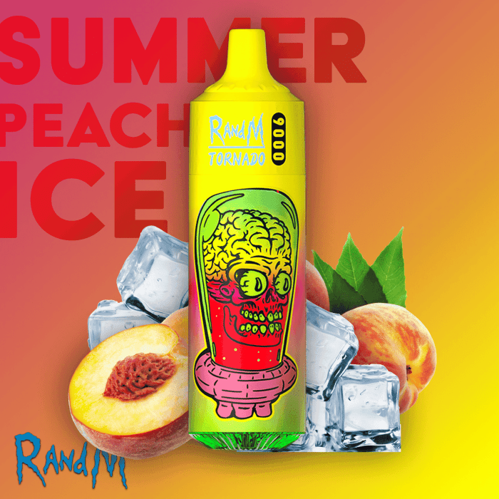 RandM Tornado 9000 Summer Peach Ice vape with a vibrant alien design, surrounded by fresh peaches and ice cubes on a colorful background.