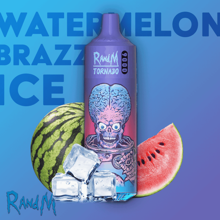 Purple RandM Tornado 9000 vape with an alien skull design, surrounded by fresh watermelon slices and ice cubes on a blue background.
