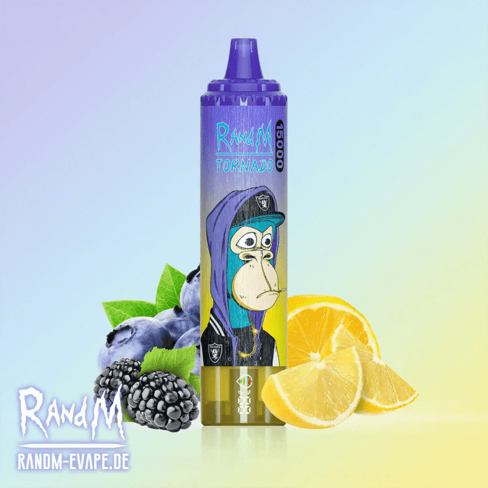 RandM Tornado 15000 puffs disposable vape with cartoon monkey design and mixed fruit flavors including lemon, blueberry, and blackberry.