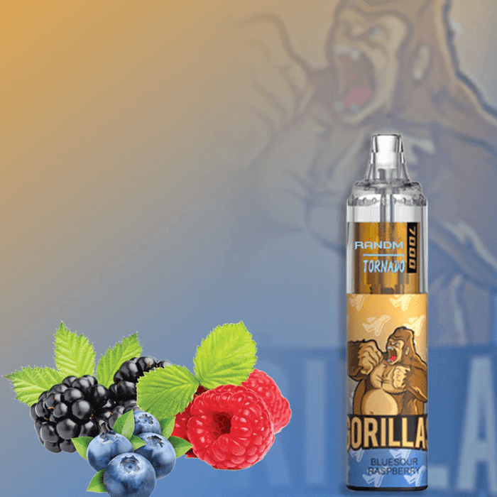 RandM Tornado 7000 vape labeled Gorilla with blueberries, blackberries, and raspberries on a gradient background.