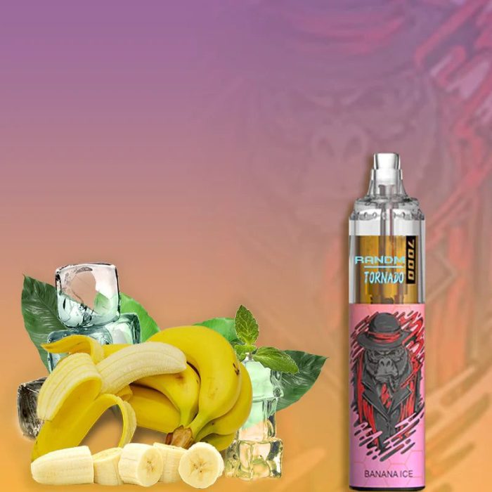 RandM Tornado 7000 Banana Ice disposable vape with bananas, mint leaves, and ice cubes on a gradient background