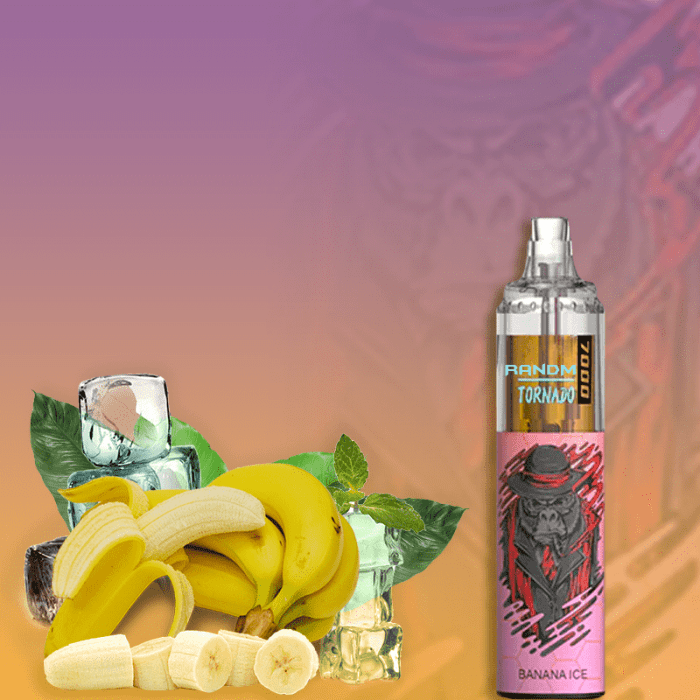 RandM Tornado 7000 Banana Ice vape with banana and ice background and bold gorilla graphic.