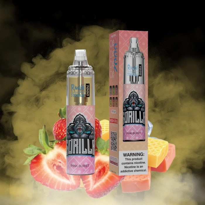 RandM Tornado 7000 Pink Burst vape with strawberry and candy background and bold gorilla graphic.