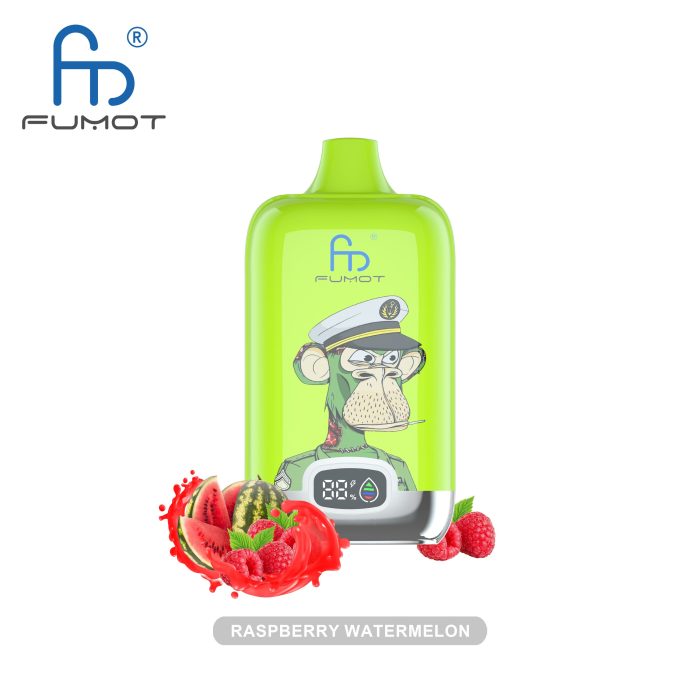 Raspberry Watermelon flavored vape featuring a fun monkey design, with fresh raspberries, watermelon slices, and mint leaves.