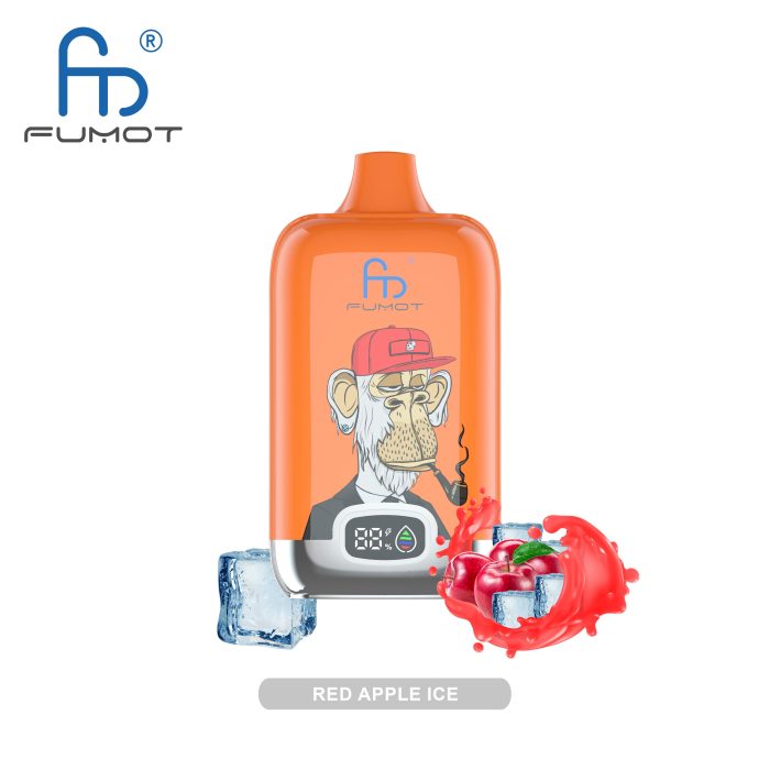 Red Apple Ice flavored vape featuring a fun monkey design, with fresh red apples, ice cubes, and a splash of apple juice.
