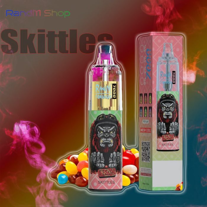 RandM Tornado 7000 vape in Skittles flavor with colorful candy background and bold gorilla illustration.