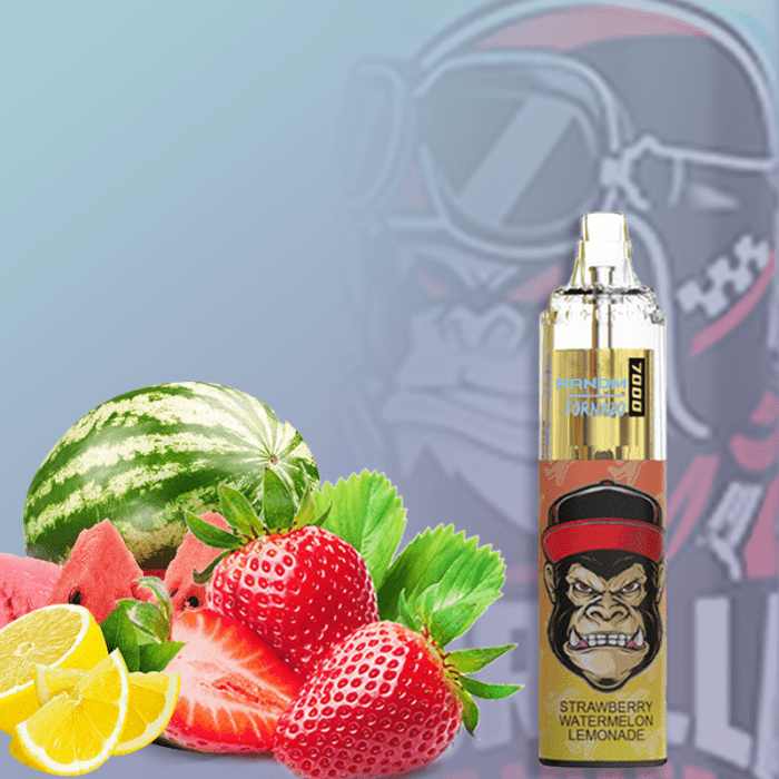 RandM Tornado 7000 Strawberry Watermelon Lemonade vape device with fresh fruits like watermelon, strawberry, and lemon.
