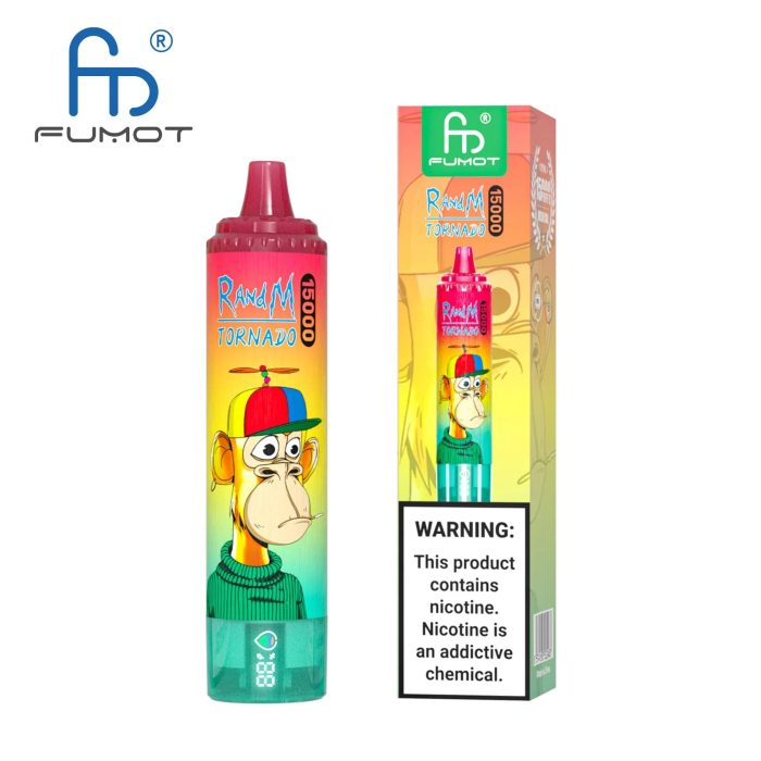 RandM Tornado 15000 disposable vape featuring a cartoon ape wearing a rainbow propeller cap and green sweater with packaging