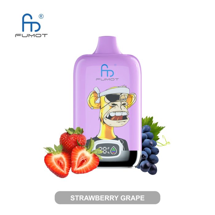 Purple RandM Fumot vape with cartoon ape in sunglasses and headband, surrounded by strawberries and grapes