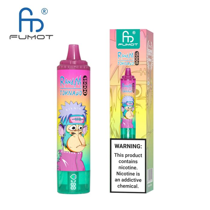 RandM Tornado 15000 vape featuring a spiky-haired cartoon ape with a headband on a pink-yellow-green gradient background