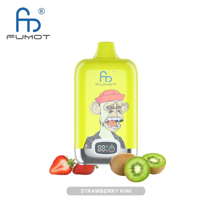 Strawberry Kiwi flavored vape featuring a fun monkey design, with fresh strawberries and kiwi fruit.