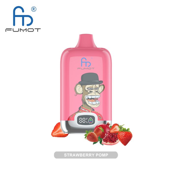 Strawberry Pomp flavored vape featuring a playful monkey design, with fresh strawberries and pomegranate seeds.
