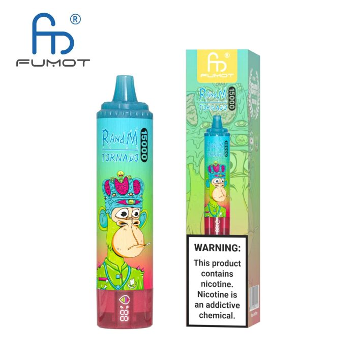 RandM Tornado 15000 vape with a cartoon ape in a green uniform and royal crown on a blue-to-pink gradient background