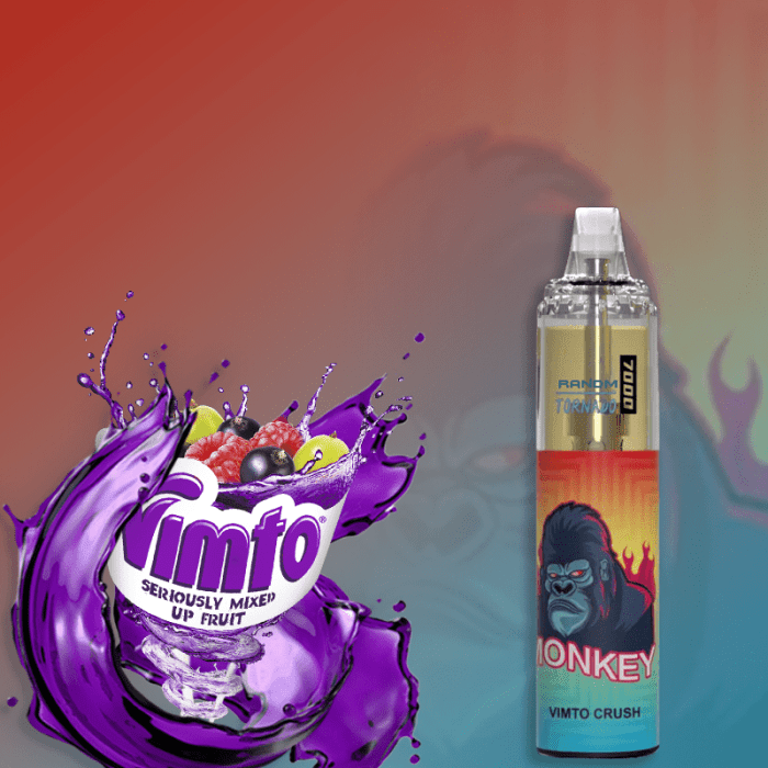 RandM Tornado 7000 Vimto Crush vape with mixed berry flavors, featuring the Vimto logo and an energetic monkey design.