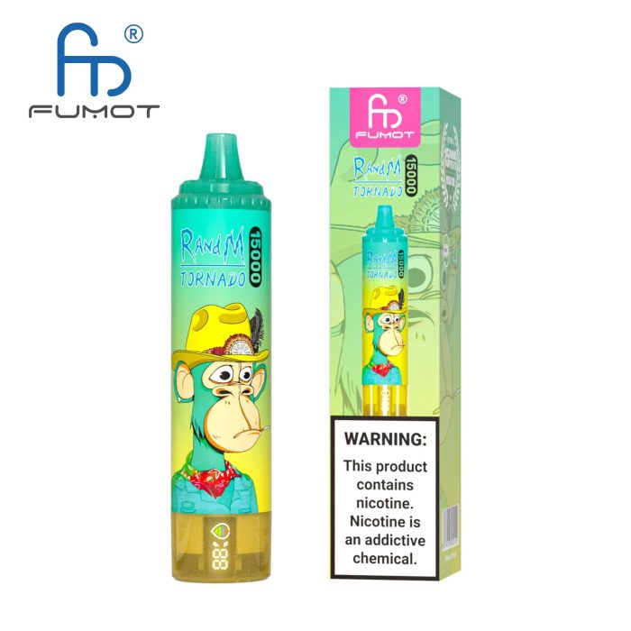 RandM Tornado 15000 vape device with green and yellow gradient featuring cowboy hat ape illustration and product box