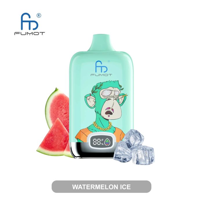 Watermelon Ice flavored vape with a cool minty finish, featuring a fun green monkey design, watermelon slices, and ice cubes.