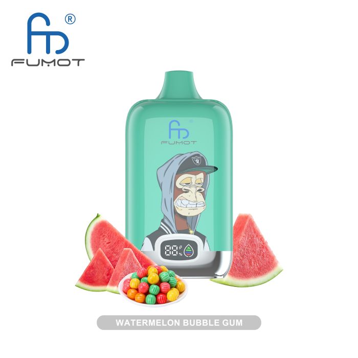 Watermelon bubble gum flavored vape with a playful monkey design, featuring juicy watermelon slices and colorful bubblegum, offering a fruity and refreshing vape experience.