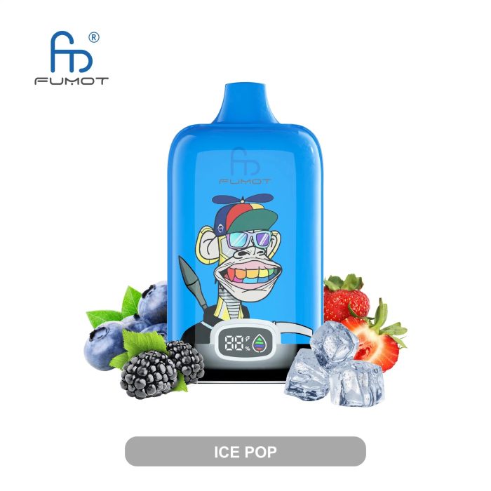 Ice Pop flavored vape featuring a fun monkey design, with fresh strawberries, blueberries, blackberries, and ice cubes.