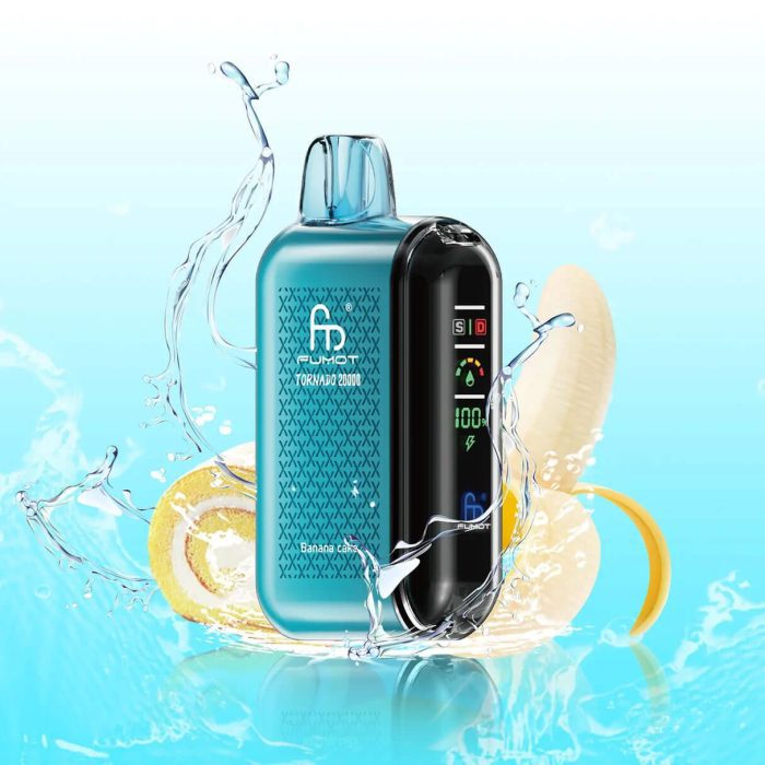 Fumot Tornado 20000 vape in Banana Cake flavor with splashes, banana slices, and cake swirl on a light blue background