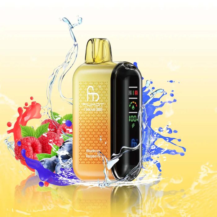 Fumot Tornado 20000 vape in Blueberry Raspberry flavor with water splash, blueberries, raspberries, and vibrant background