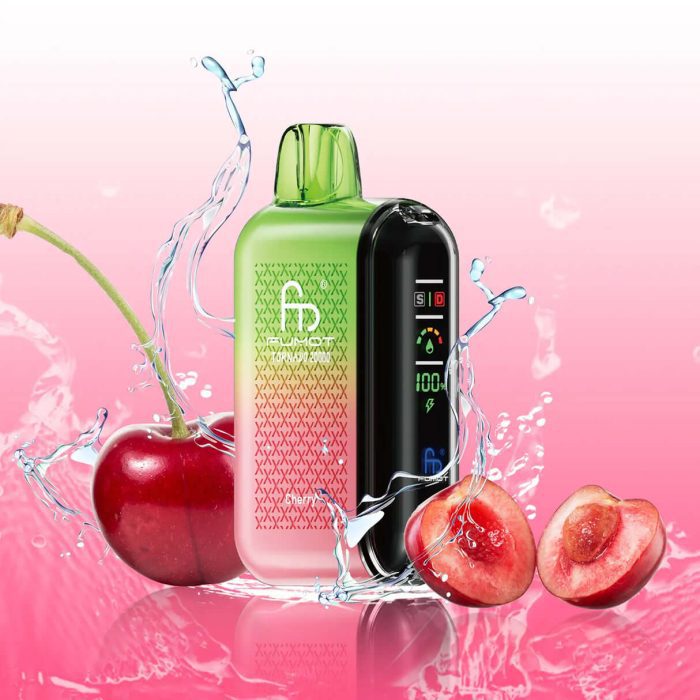 Fumot Tornado 20000 Cherry vape with whole and halved cherries splashing on a pink gradient background