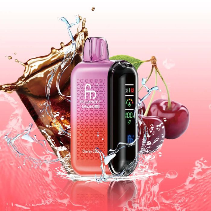 Fumot Tornado 20000 Cherry Cola vape with cherry fruits and splashing cola on a red-pink background