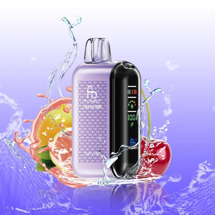 Fumot Tornado 20000 vape in Grape Cherry flavor with juicy cherries and sliced grape fruits splashing on a purple background