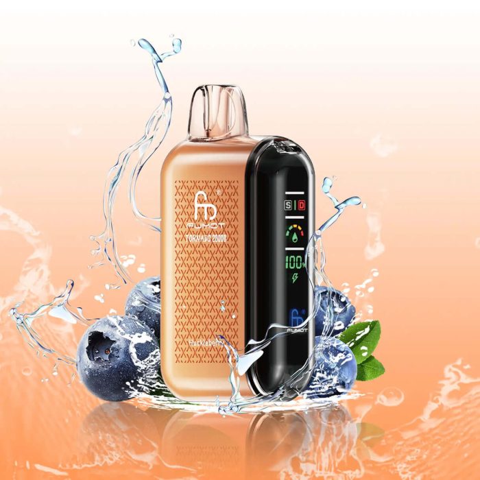Fumot Tornado 20000 huckleberry vape with orange gradient body, blueberries, and splash effect