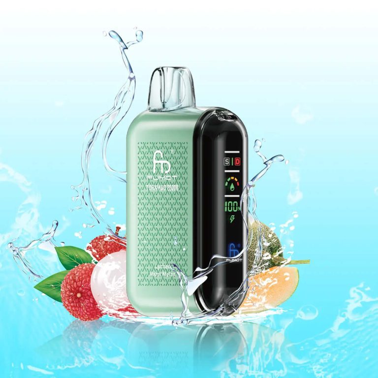 Fumot Tornado 20000 disposable vape in a mint green color with lychee and Hami melon splashes and water elements