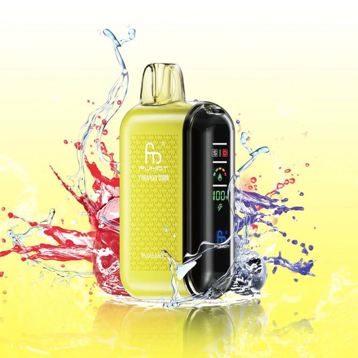 Fumot Tornado 20000 Mixed Berry vape in a bright yellow design with splashes of red and blue berries in the background