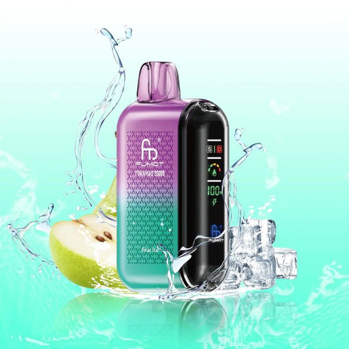 Fumot Tornado 20000 vape in purple and teal gradient with Pear Ice flavor label, fresh pear slices and ice cubes in a water splash