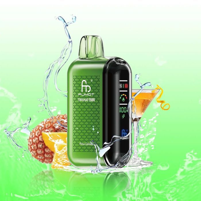 Green Fumot Tornado 20000 vape with Pina Colada label, surrounded by lychee, orange, and cocktail glass with splash effects