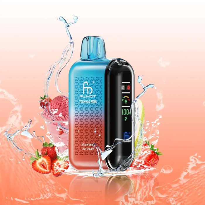Strawberry Ice Cream Fumot Tornado 10000 vape with blue-to-orange gradient and digital display, surrounded by strawberries and ice cream scoops