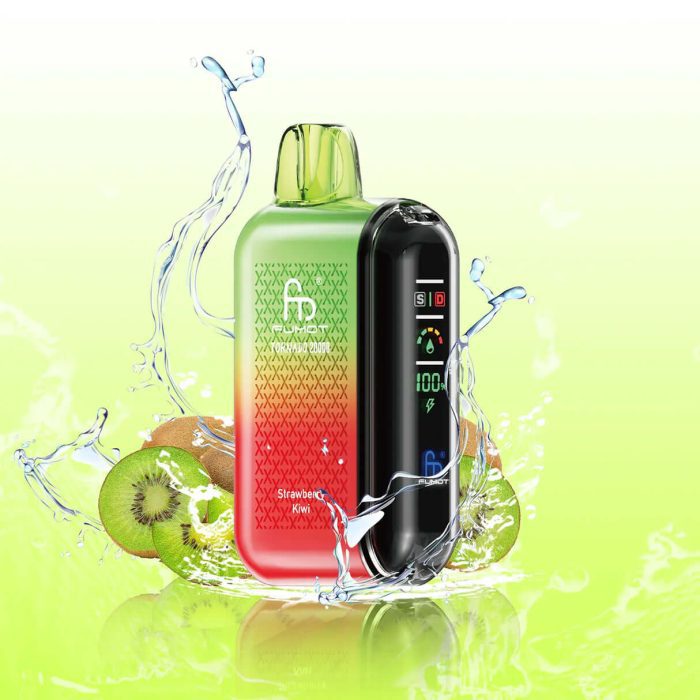 Fumot Tornado 10000 puff vape in Strawberry Kiwi flavor with vibrant red-green gradient design and digital screen surrounded by kiwi fruit and water splash
