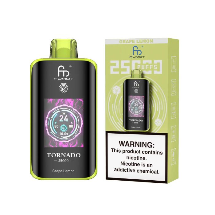 Fumot Tornado 25000 puff disposable vape in Grape Lemon flavor with lime green packaging and nicotine warning label