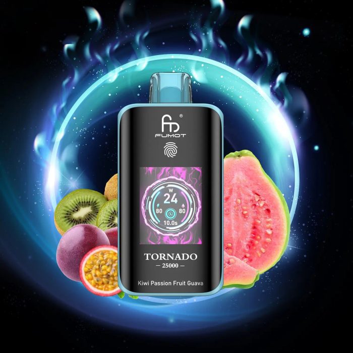Fumot Tornado 25000 puff vape in Kiwi Passion Fruit Guava flavor with glowing background, surrounded by kiwi, passion fruit, and guava slices