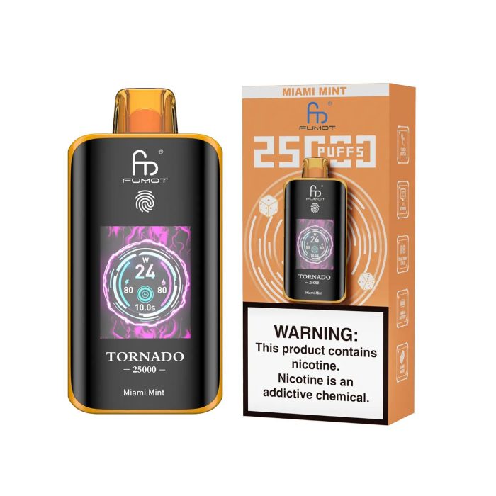 Fumot Tornado 25000 puff disposable vape in Miami Mint flavor with orange packaging and nicotine warning label