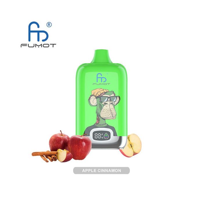 Apple Cinnamon flavored vape featuring a fun monkey design, with fresh apples, cinnamon sticks, and a green background.