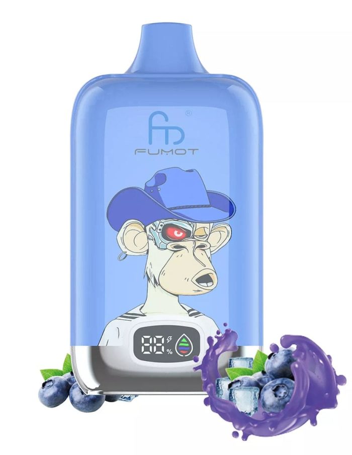 Blueberry Ice flavored vape featuring a fun cowboy monkey design, with fresh blueberries, ice cubes, and a splash of blueberry juice.