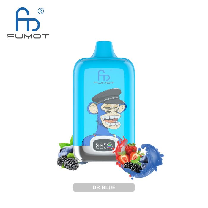 Dr. Blue flavored vape featuring a playful monkey design, with fresh blueberries, blackberries, and a splash of mixed berries.