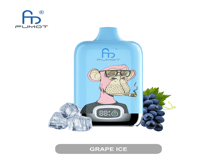 Blue RandM Fumot vape with cartoon ape smoking cigar, ice cubes, and fresh grapes on white background