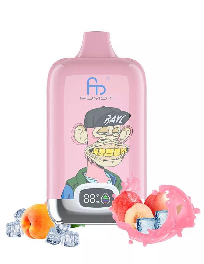Peach Ice flavored vape featuring a fun monkey design, with fresh peaches, ice cubes, and a splash of peach juice.