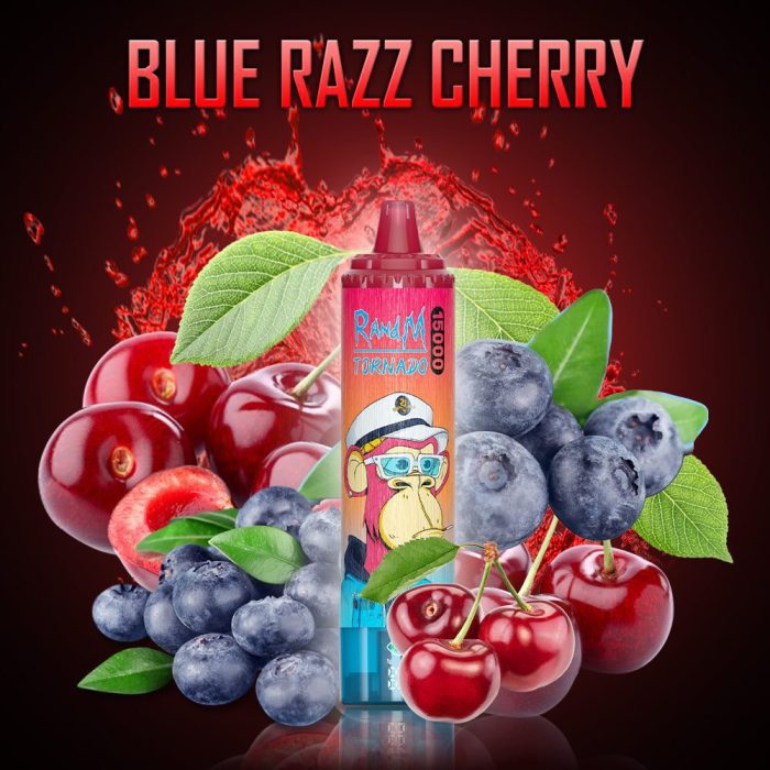 RandM Tornado 15000 Blue Razz Cherry disposable vape with vibrant blueberries and cherries in a splash background